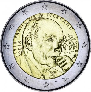 2 euro 2016 France, Francois Mitterrand price, composition, diameter, thickness, mintage, orientation, video, authenticity, weight, Description