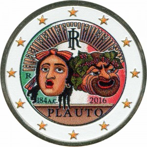2 Euro Italien 2016 Plautus (farbig) Preis, Komposition, Durchmesser, Dicke, Auflage, Gleichachsigkeit, Video, Authentizitat, Gewicht, Beschreibung