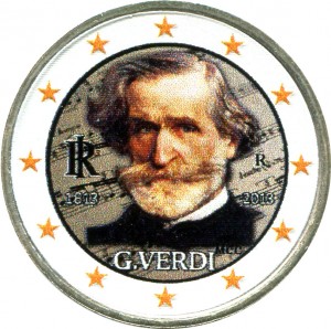 2 euro 2013 Italy Giuseppe Verdi (colorized) price, composition, diameter, thickness, mintage, orientation, video, authenticity, weight, Description