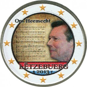 2 euro 2013 Luxembourg The National Anthem (colorized) price, composition, diameter, thickness, mintage, orientation, video, authenticity, weight, Description