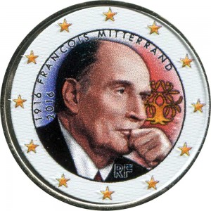 2 euro 2016 France, Francois Mitterrand (colorized) price, composition, diameter, thickness, mintage, orientation, video, authenticity, weight, Description