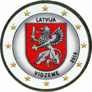 2 Euro 2016 Latvia, Vidzeme (colorized) price, composition, diameter, thickness, mintage, orientation, video, authenticity, weight, Description
