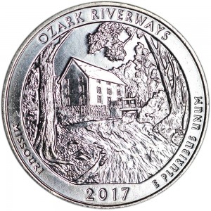 Quarter Dollar 2017 USA Ozark National Scenic Riverways 38th National Park, mint mark D price, composition, diameter, thickness, mintage, orientation, video, authenticity, weight, Description