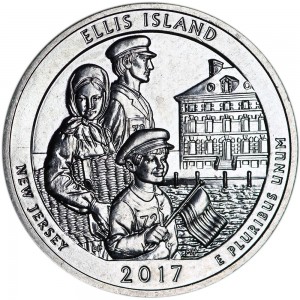 Quarter Dollar 2017 USA Ellis Island 39th National Park, mint mark S price, composition, diameter, thickness, mintage, orientation, video, authenticity, weight, Description