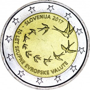 2 euro 2017 Slovenia. 10th anniversary of the Euro price, composition, diameter, thickness, mintage, orientation, video, authenticity, weight, Description