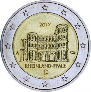 2 euro 2017 Germany Rheinland-Pfalz, Porta Nigra mint mark A price, composition, diameter, thickness, mintage, orientation, video, authenticity, weight, Description