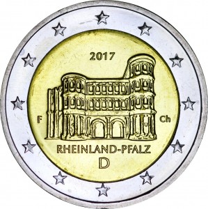 2 euro 2017 Germany Rheinland-Pfalz, Porta Nigra mint mark F price, composition, diameter, thickness, mintage, orientation, video, authenticity, weight, Description