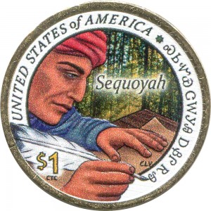 1 dollar 2017 USA Sacagawea, Sequoyah, (colorized) price, composition, diameter, thickness, mintage, orientation, video, authenticity, weight, Description
