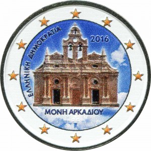 2 euro 2016 Greece, Arkadi Monastery (colorized) price, composition, diameter, thickness, mintage, orientation, video, authenticity, weight, Description
