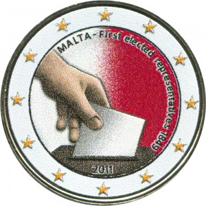 2 euro 2011 Malta Election (colorized) price, composition, diameter, thickness, mintage, orientation, video, authenticity, weight, Description