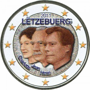 2 euro 2011 Luxembourg, Grand Duke Jean of Luxembourg (colorized) price, composition, diameter, thickness, mintage, orientation, video, authenticity, weight, Description