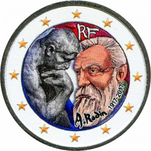 2 euro 2017 France, Auguste Rodin (colorized) price, composition, diameter, thickness, mintage, orientation, video, authenticity, weight, Description