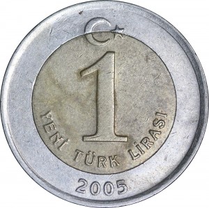 1 lira 2005 Turkey price, composition, diameter, thickness, mintage, orientation, video, authenticity, weight, Description