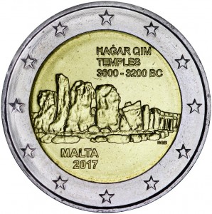2 euro 2017 Malta Hagar Qim price, composition, diameter, thickness, mintage, orientation, video, authenticity, weight, Description