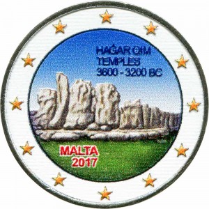 2 euro 2017 Malta Hagar Qim (colorized) price, composition, diameter, thickness, mintage, orientation, video, authenticity, weight, Description