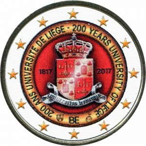2 euro 2017 Belgium, 200 Anniversary University Liege (colorized) price, composition, diameter, thickness, mintage, orientation, video, authenticity, weight, Description
