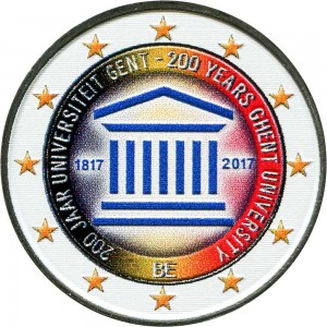 2 euro 2017 Belgium, 200 Anniversary University Gent (colorized) price, composition, diameter, thickness, mintage, orientation, video, authenticity, weight, Description