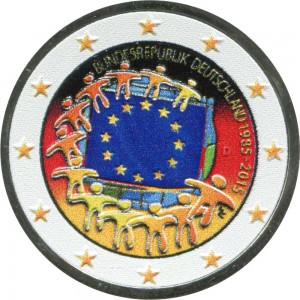 2 Euro 2015 Deutschland, 30 Jahre der EU-Flagge (farbig) Preis, Komposition, Durchmesser, Dicke, Auflage, Gleichachsigkeit, Video, Authentizitat, Gewicht, Beschreibung