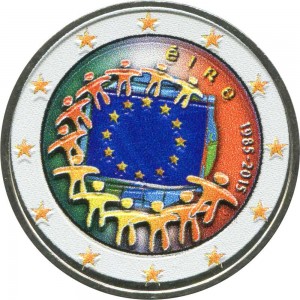 2 Euro 2015 Irland, 30 Jahre der EU-Flagge (farbig) Preis, Komposition, Durchmesser, Dicke, Auflage, Gleichachsigkeit, Video, Authentizitat, Gewicht, Beschreibung