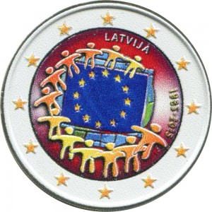 2 euro 2015 Latvia, 30 years of the EU flag (colorized) price, composition, diameter, thickness, mintage, orientation, video, authenticity, weight, Description