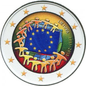2 euro 2015 Lithuania, 30 years of the EU flag (colorized) price, composition, diameter, thickness, mintage, orientation, video, authenticity, weight, Description