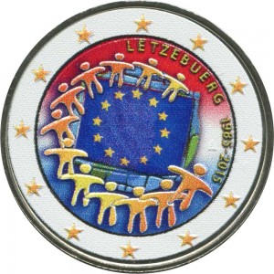 2 euro 2015 Luxembourg, 30 years of the EU flag (colorized) price, composition, diameter, thickness, mintage, orientation, video, authenticity, weight, Description