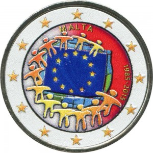 2 euro 2015 Malta, 30 Jahre der EU-Flagge (farbig) Preis, Komposition, Durchmesser, Dicke, Auflage, Gleichachsigkeit, Video, Authentizitat, Gewicht, Beschreibung