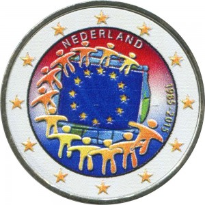 2 euro 2015 Netherlands, 30 years of the EU flag (colorized) price, composition, diameter, thickness, mintage, orientation, video, authenticity, weight, Description