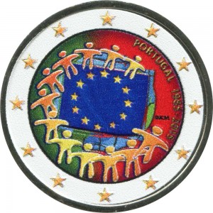 2 euro 2015 Portugal, 30 years of the EU flag (colorized) price, composition, diameter, thickness, mintage, orientation, video, authenticity, weight, Description