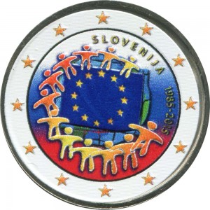 2 euro 2015 Slovenia, 30 years of the EU flag (colorized) price, composition, diameter, thickness, mintage, orientation, video, authenticity, weight, Description