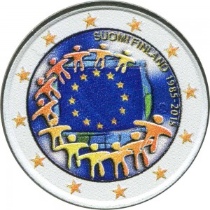 2 euro 2015 Finland. 30 years of the EU flag (colorized) price, composition, diameter, thickness, mintage, orientation, video, authenticity, weight, Description