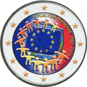2 euro 2015 France, 30 years of the EU flag (colorized) price, composition, diameter, thickness, mintage, orientation, video, authenticity, weight, Description