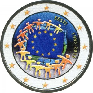 2 euro 2015 Estonia, 30 years of the EU flag (colorized) price, composition, diameter, thickness, mintage, orientation, video, authenticity, weight, Description