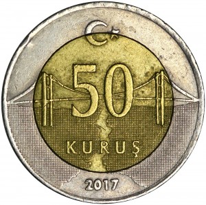 50 kurushas 2009-2022 Turkey, Bridge over the Bosphorus in Istanbul, from circulation price, composition, diameter, thickness, mintage, orientation, video, authenticity, weight, Description
