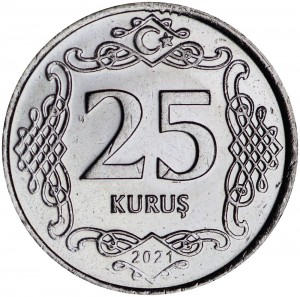 25 kurush 2009-2022 Turkey, from circulation price, composition, diameter, thickness, mintage, orientation, video, authenticity, weight, Description