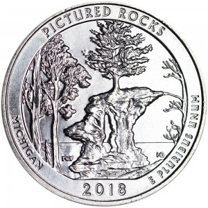 Quarter Dollar 2018 USA Pictured Rocks National Lakeshore 41th Park, mint mark D price, composition, diameter, thickness, mintage, orientation, video, authenticity, weight, Description