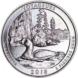 Quarter Dollar 2018 USA Voyageurs 43th National Park, mint mark D price, composition, diameter, thickness, mintage, orientation, video, authenticity, weight, Description