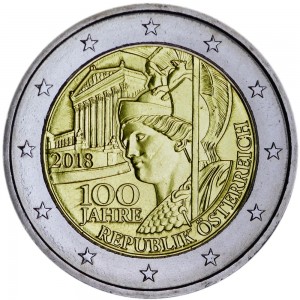2 евро 2018 Австрия, 100 лет Австрийской республике цена, стоимость