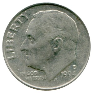 One dime 10 cents 1994 US Roosevelt, mint D price, composition, diameter, thickness, mintage, orientation, video, authenticity, weight, Description
