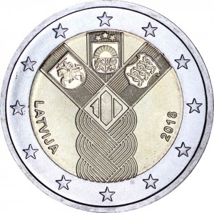 2 Euro 2018 Latvia, 100 years of independence price, composition, diameter, thickness, mintage, orientation, video, authenticity, weight, Description