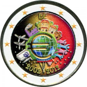 2 euro 2012, 10 years of Euro, Belgium (colorized) price, composition, diameter, thickness, mintage, orientation, video, authenticity, weight, Description