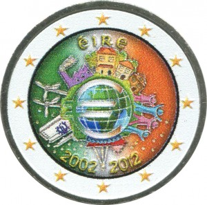 2 euro 2012, 10 years of Euro, Ireland (colorized) price, composition, diameter, thickness, mintage, orientation, video, authenticity, weight, Description