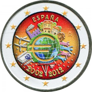 2 euro 2012, 10 years of Euro, Spain (colorized) price, composition, diameter, thickness, mintage, orientation, video, authenticity, weight, Description