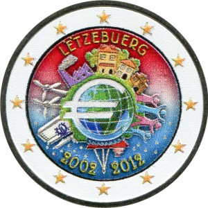 2 euro 2012, 10 years of Euro, Luxembourg (colorized) price, composition, diameter, thickness, mintage, orientation, video, authenticity, weight, Description