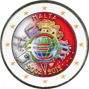 2 euro 2012, 10 years of Euro, Malta (colorized) price, composition, diameter, thickness, mintage, orientation, video, authenticity, weight, Description