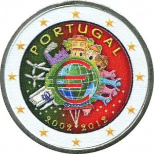 2 euro 2012, 10 years of Euro, Portugal (colorized) price, composition, diameter, thickness, mintage, orientation, video, authenticity, weight, Description