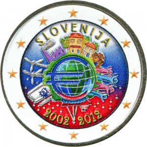 2 euro 2012, 10 years of Euro, Slovenia (colorized) price, composition, diameter, thickness, mintage, orientation, video, authenticity, weight, Description