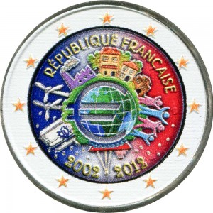 2 euro 2012, 10 years of Euro, France (colorized) price, composition, diameter, thickness, mintage, orientation, video, authenticity, weight, Description