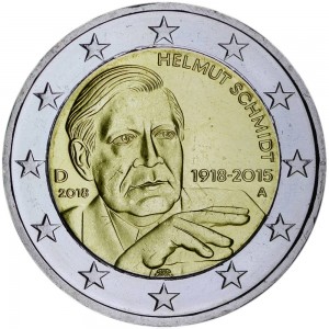 2 euro 2018 Germany Helmut Schmidt, mint mark A price, composition, diameter, thickness, mintage, orientation, video, authenticity, weight, Description