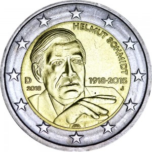2 euro 2018 Germany Helmut Schmidt, mint mark J price, composition, diameter, thickness, mintage, orientation, video, authenticity, weight, Description
